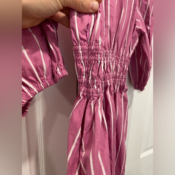 Faithfull the Brand Pink Purple Striped Dress with Puff Sleeves and Tie Front - Picture 3 of 6